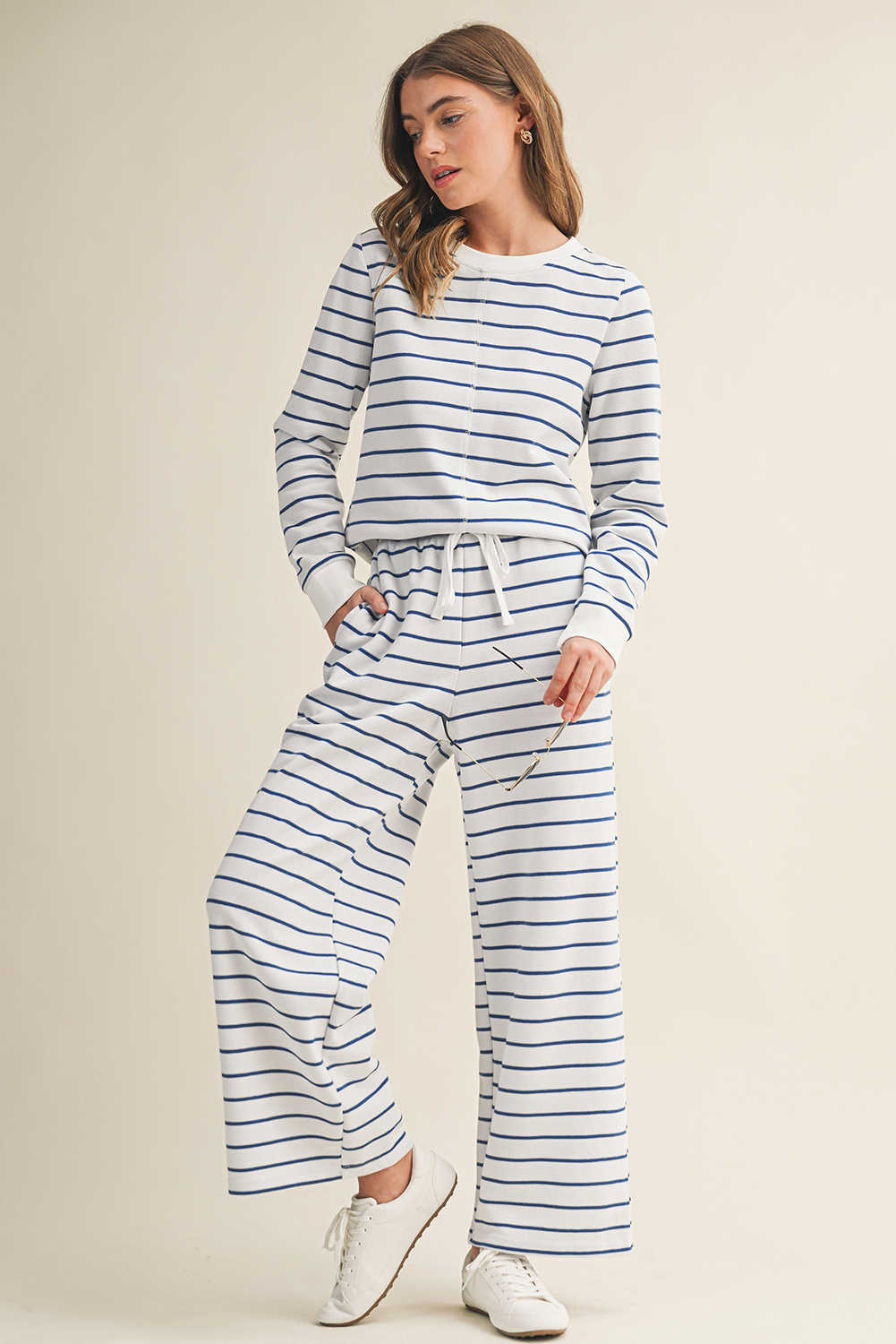 Sail Blue Striped Long Sleeve Top Drawstring Wide Leg Pants 2pcs Outfit