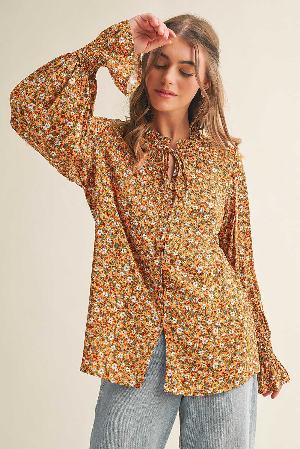Orange Boho Floral Ruffled Bubble Sleeve V Neck Fall Blouse