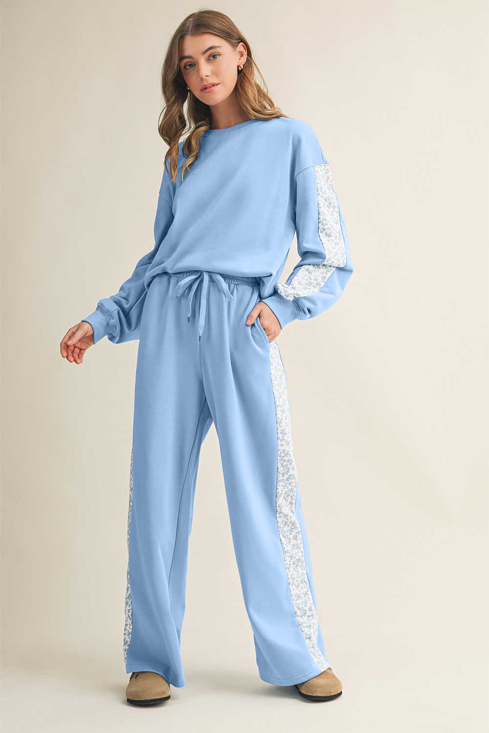 Beau Blue Floral Patchwork Drop Shoulder Pullover and Sweatpants Lounge Set