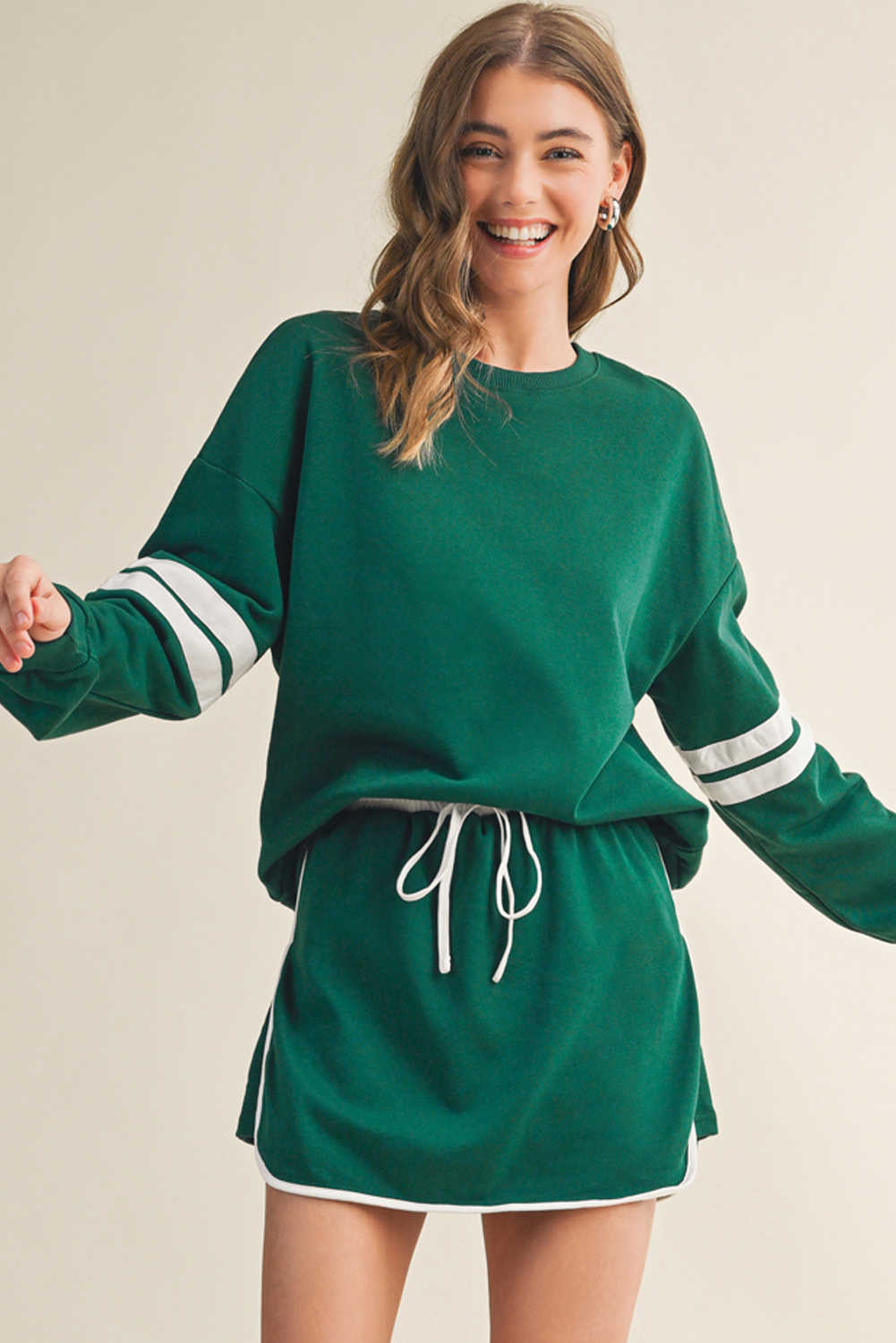 Evergreen Varsity Stripe Detail Drop Shoulder Pullover Mini Skort Set