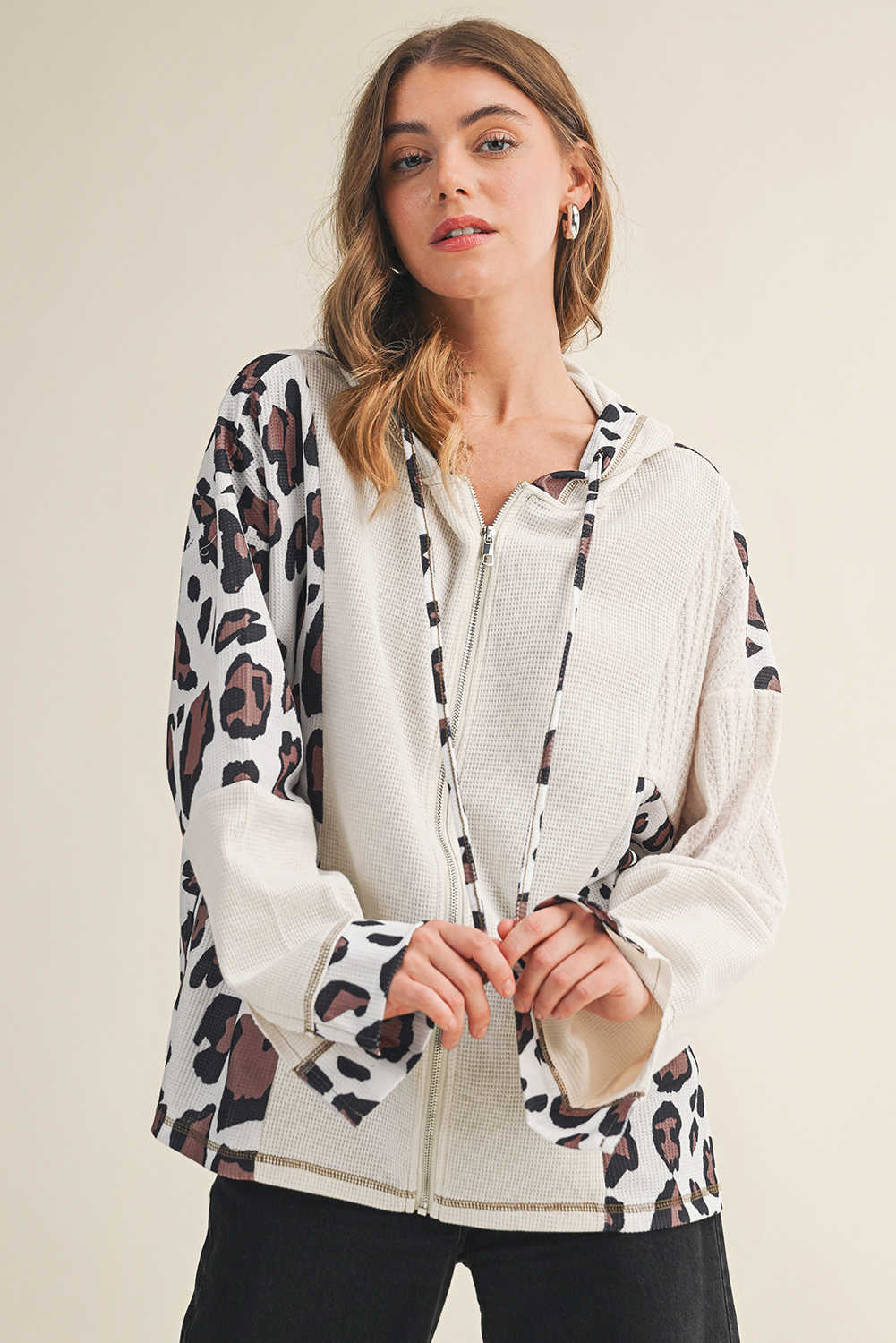 Apricot Oversized Leopard Contrast Mixed Texture Patchwork Zip Up Drop Shoulder Hoodie