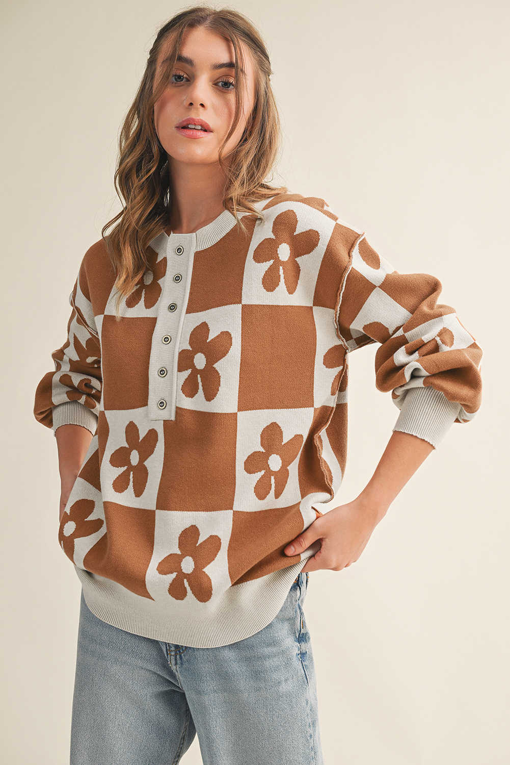 Thai Curry Flower Plaid Henley Baggy Sweater
