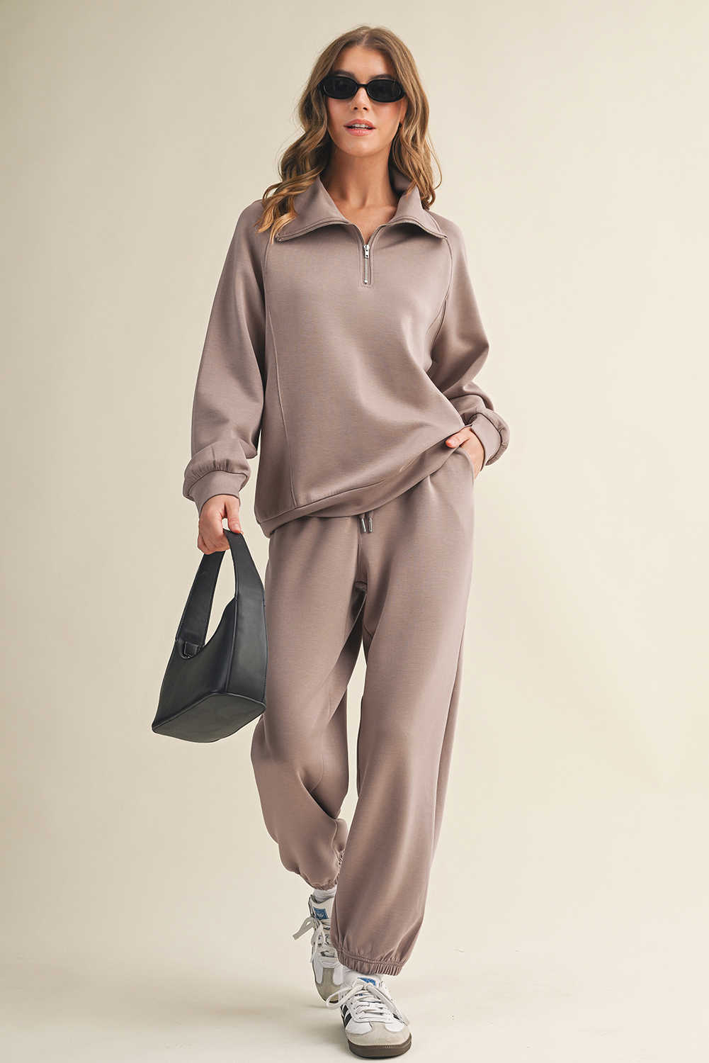 Goat Zip Collar Long Sleeve Top Drawstring Pants Set