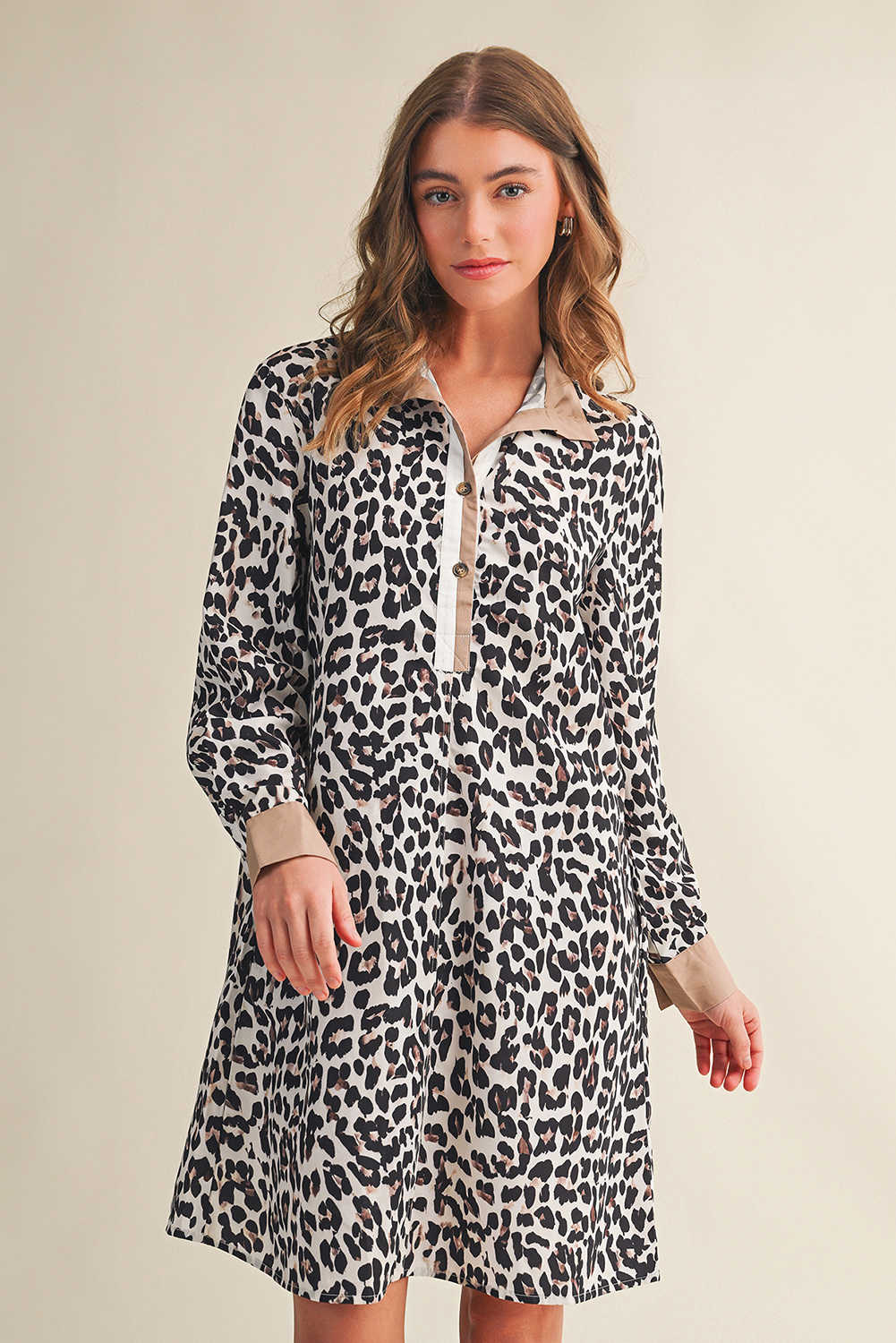 Multicolour Button Striped Collar Leopard Print Long Sleeve Flared Dress