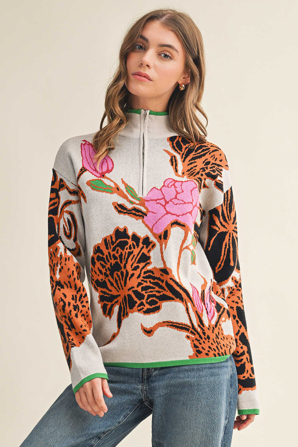 Khaki Floral Pattern Knit Quarter Zip Stand Neck Sweater