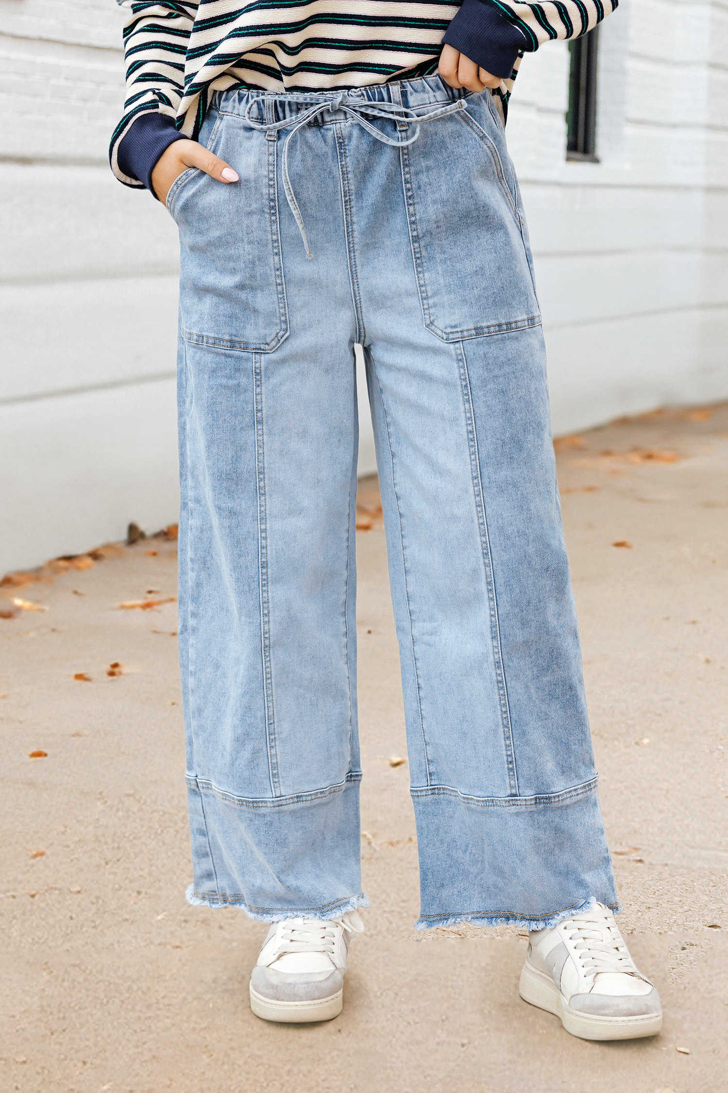 Beau Blue Drawstring Seam Detail Raw Hem Wide Leg Denim Pants