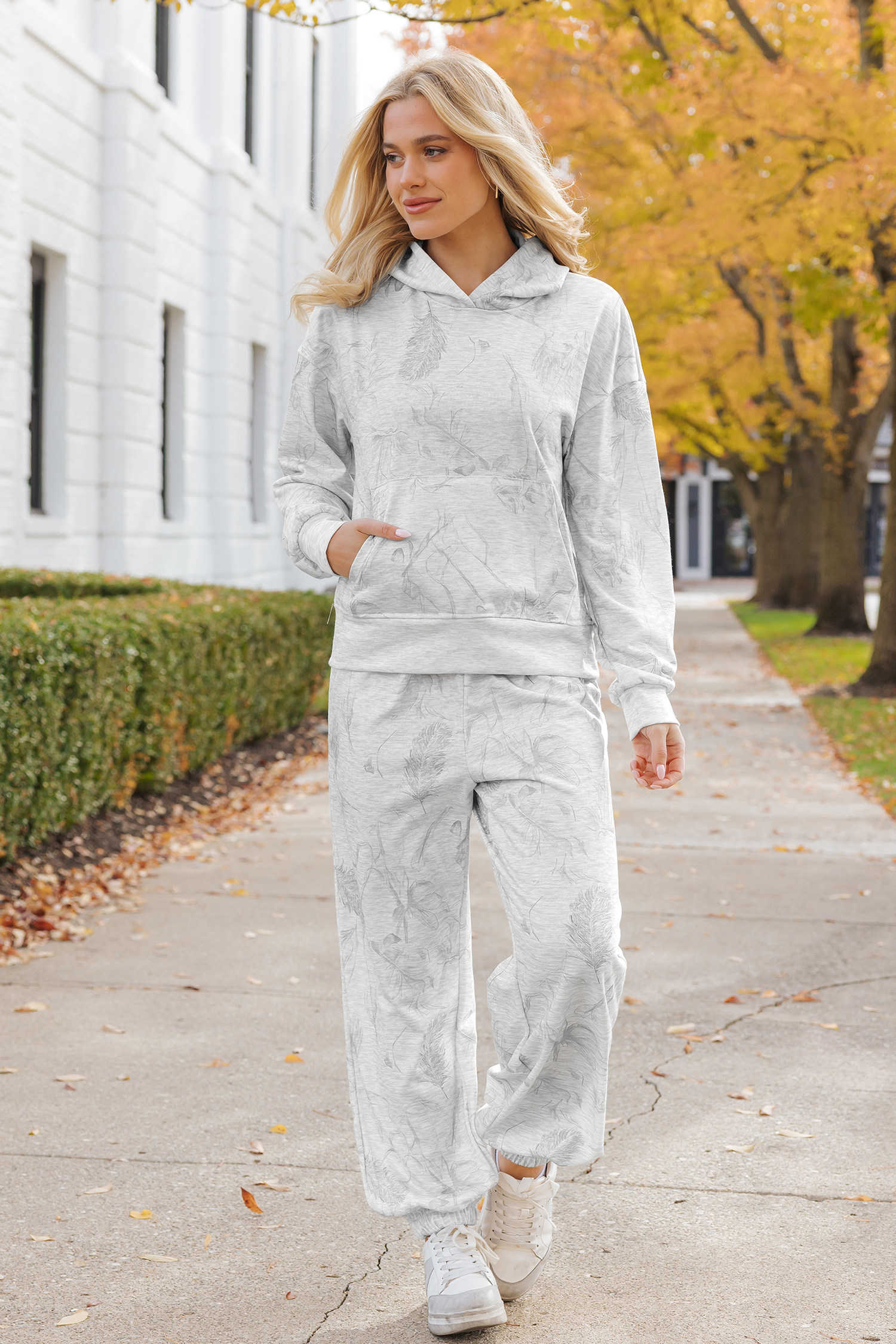 Light Grey Abstract Print Loose Drop Sleeve Hoodie Elastic Waistband 2pcs Pant Set