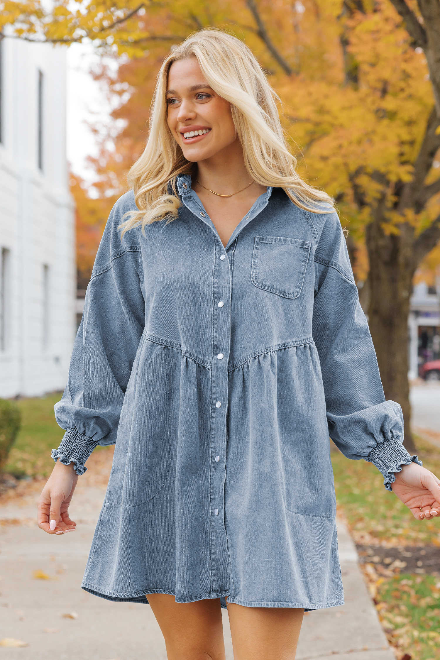 Beau Blue Smocked Cuffs Flared Denim Shirt Mini Dress