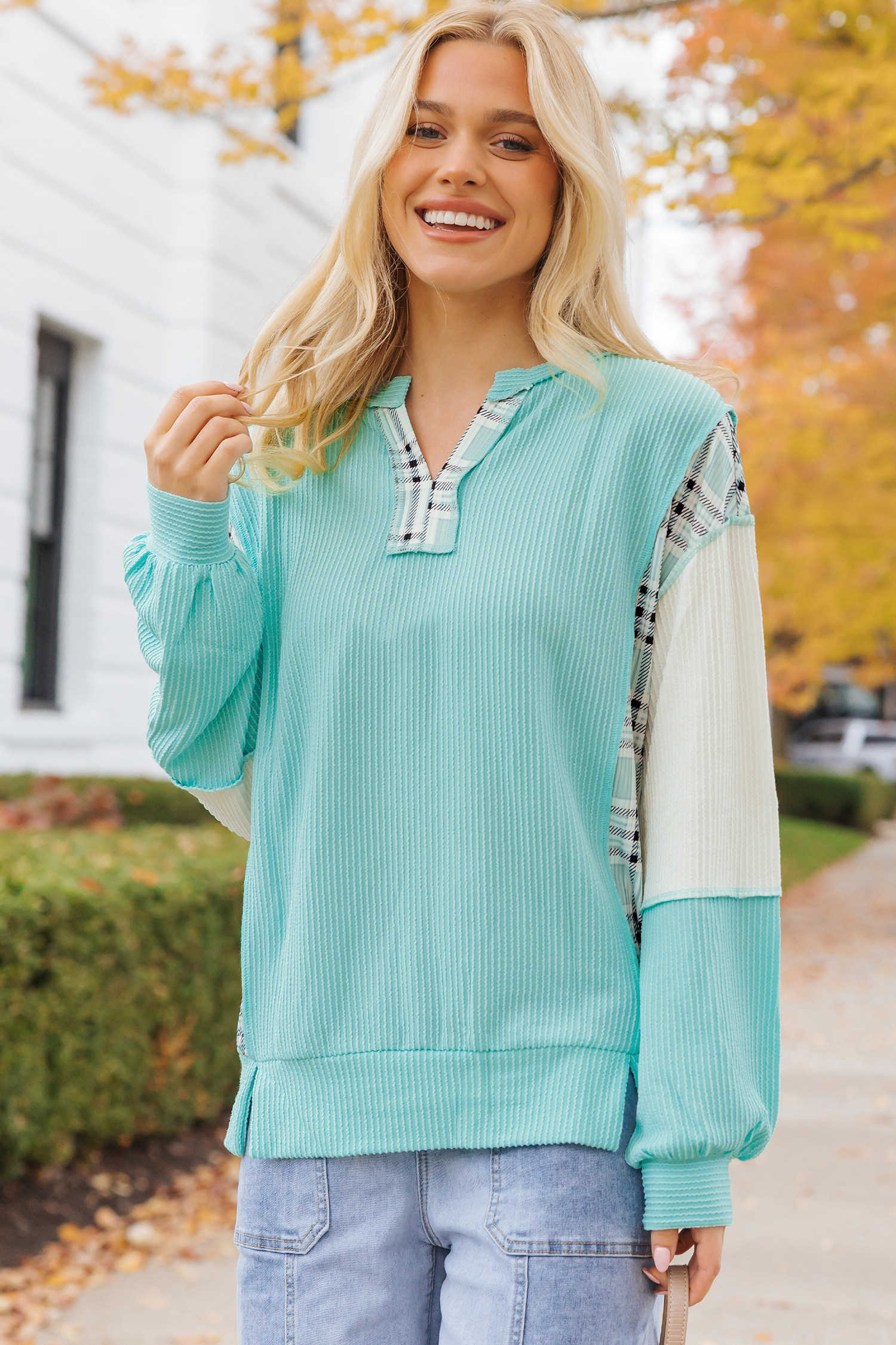 Aruba Blue Corded Texture Colorblock Patchwork Split Neck Long Sleeve Top