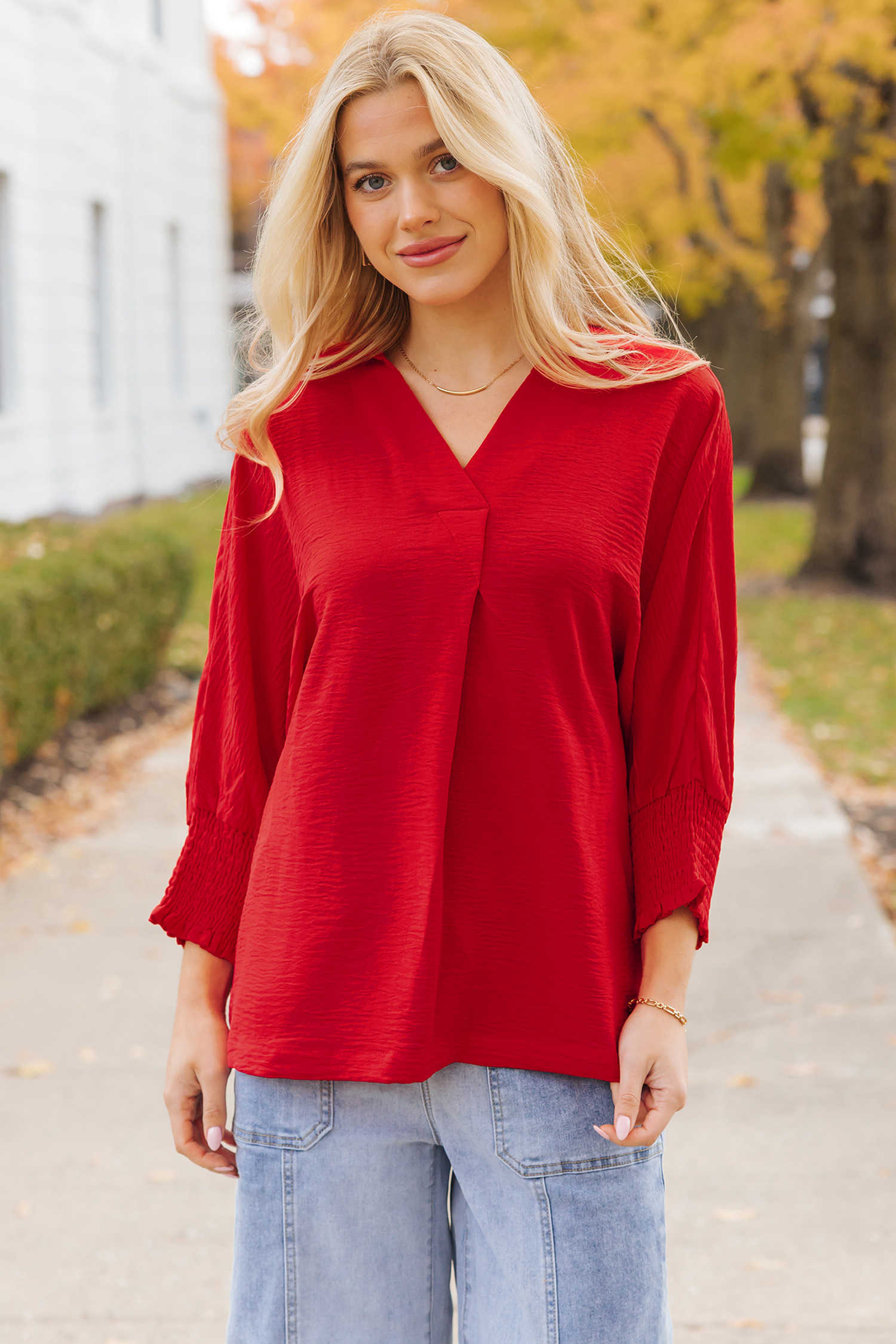 Fiery Red V Neck Collared Shirred 3/4 Sleeve Oversized Tunic Top