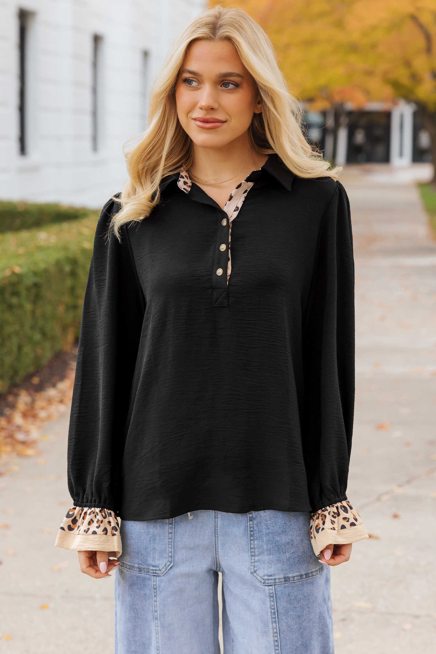 Black Contrast Leopard Print Patchwork Polo Collar Buttons Front Ruffled Long Sleeve Blouse