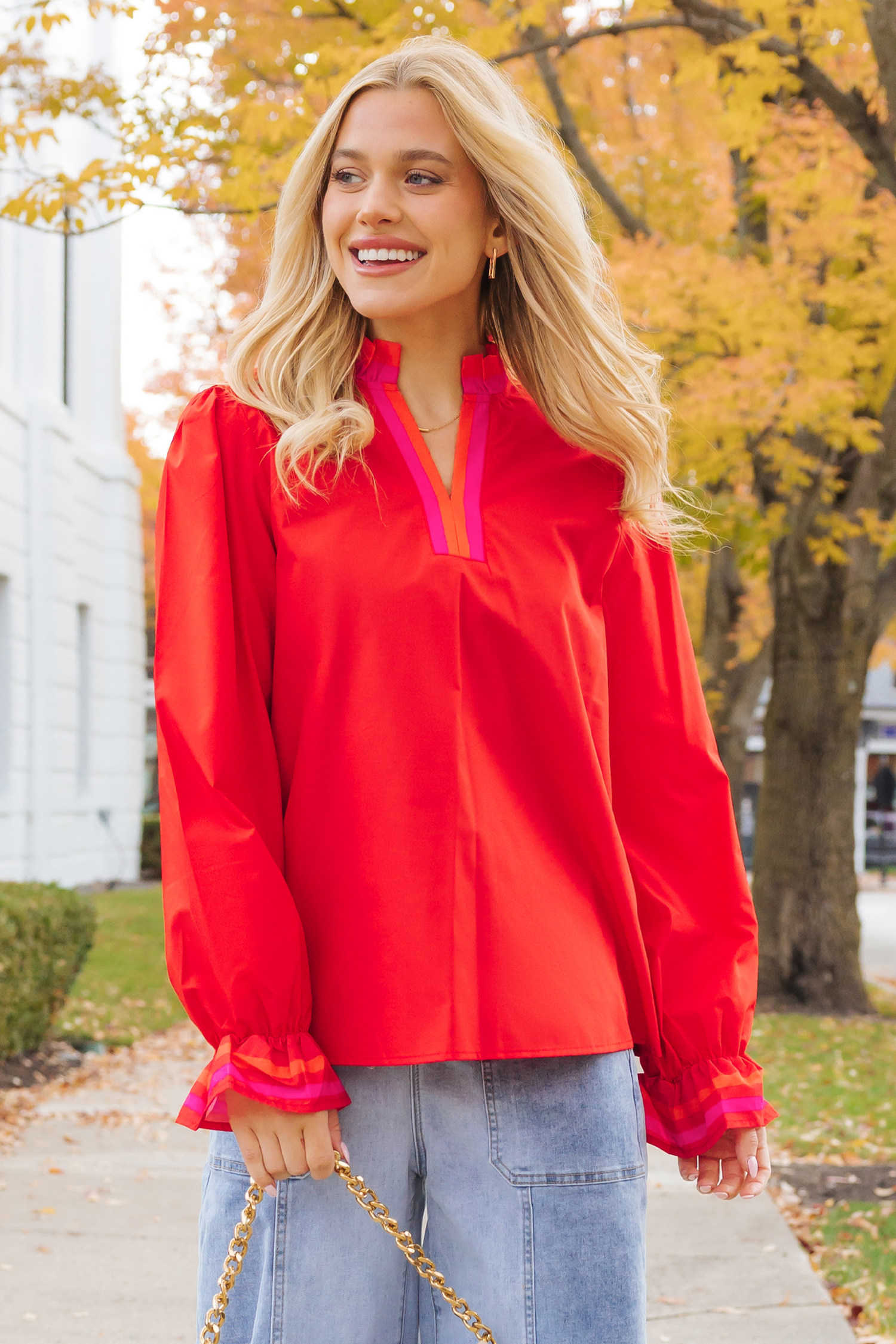 Fiery Red Striped Trim Ruffle Split Neck Long Sleeve Blouse