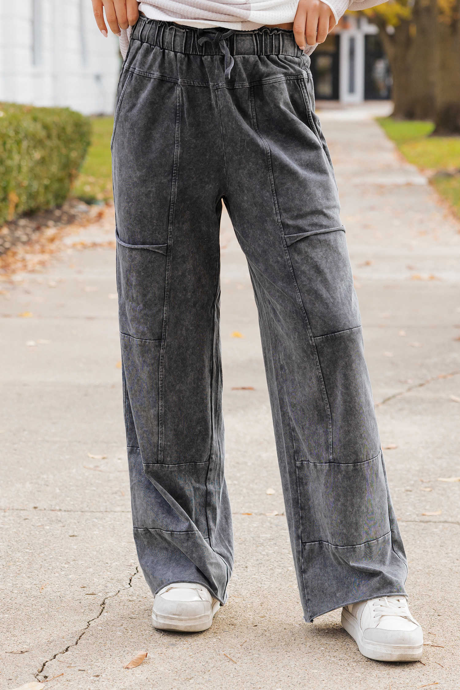 Medium Grey Mineral Wash Lace-up High Waist Raw Hem Patched Pocket Pants