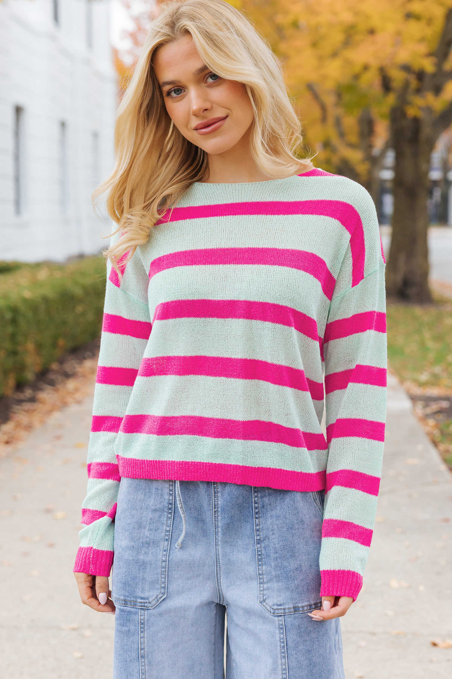 Green Stripe Round Neck Casual Sweater