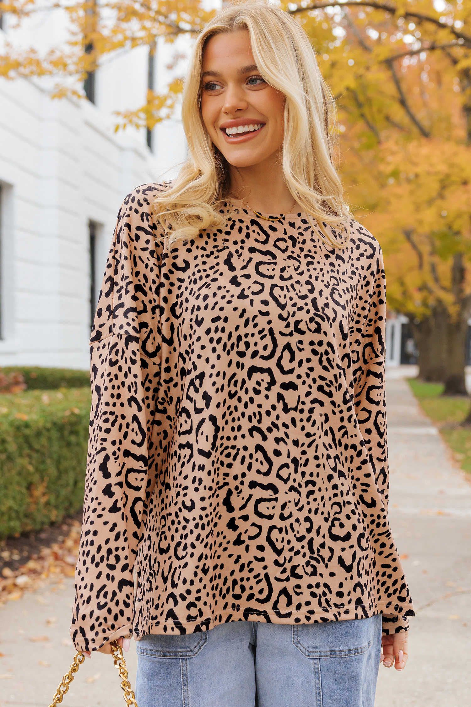 Khaki Leopard Print Long Batwing Sleeve Loose Top