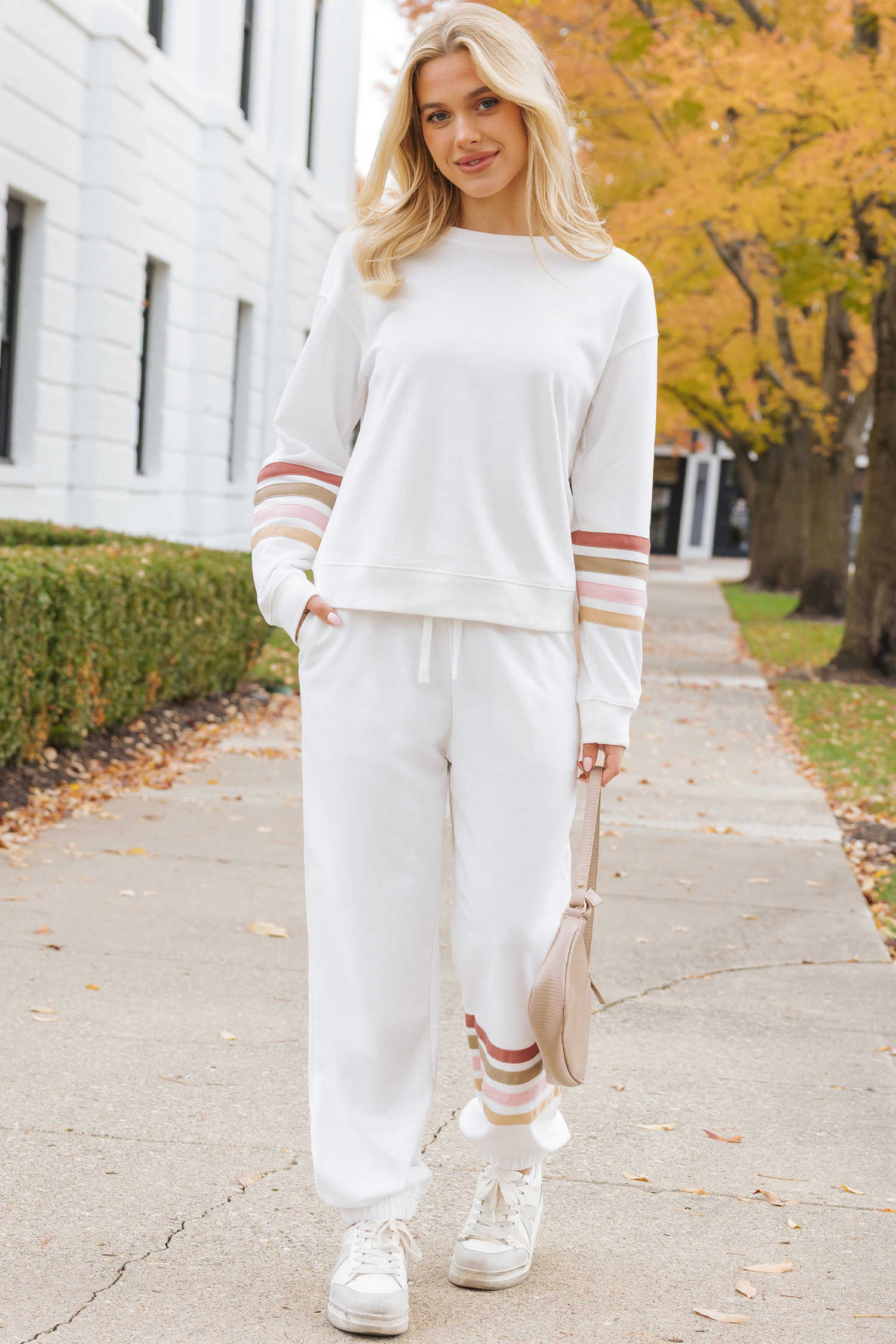 Beige Striped Drop Shoulder Round Neck Pullover and Jogger Pants Active Outfit