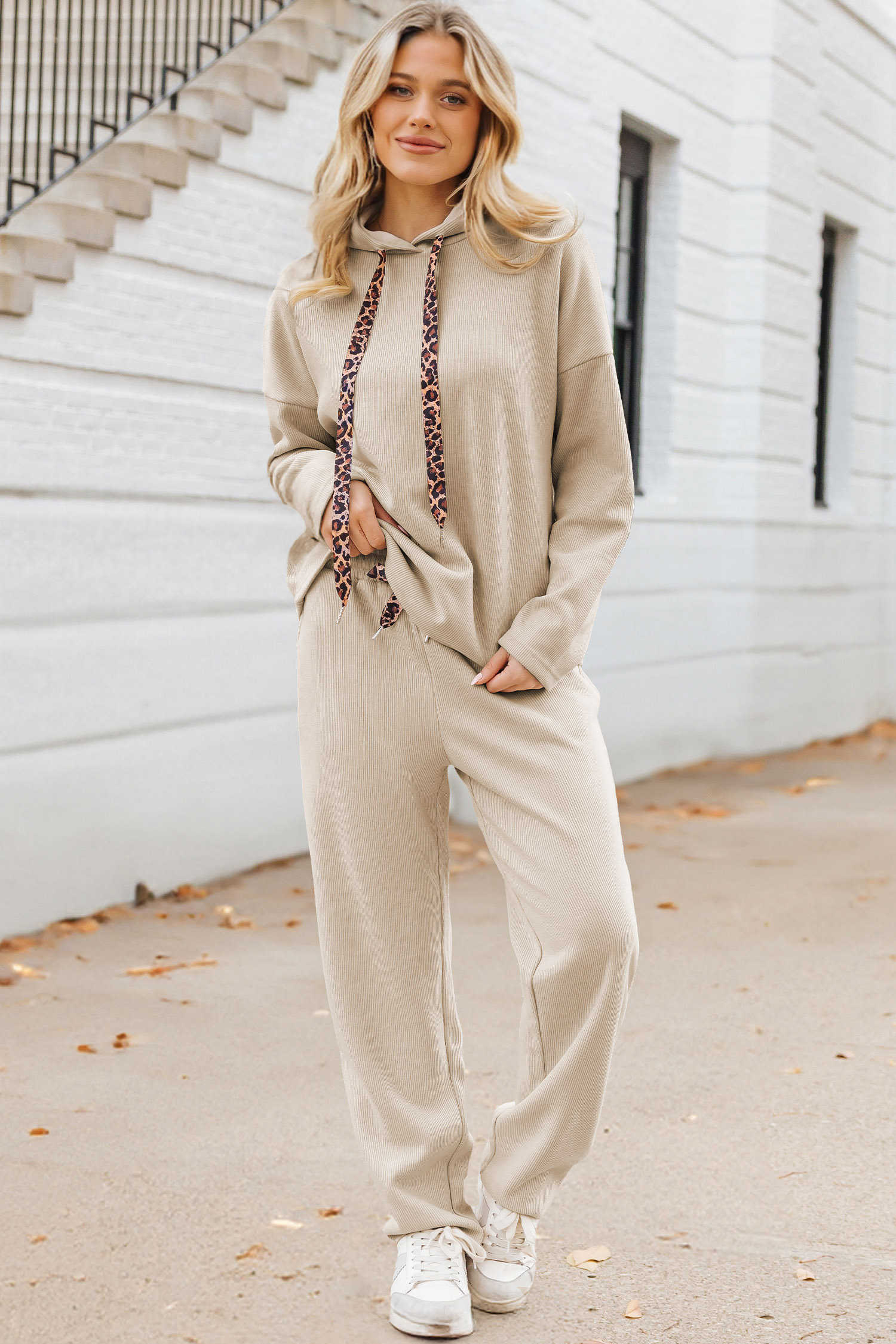 Parchment Leopard Drawstring Pullover Hoodie and High Waist Pants Corduroy Suit