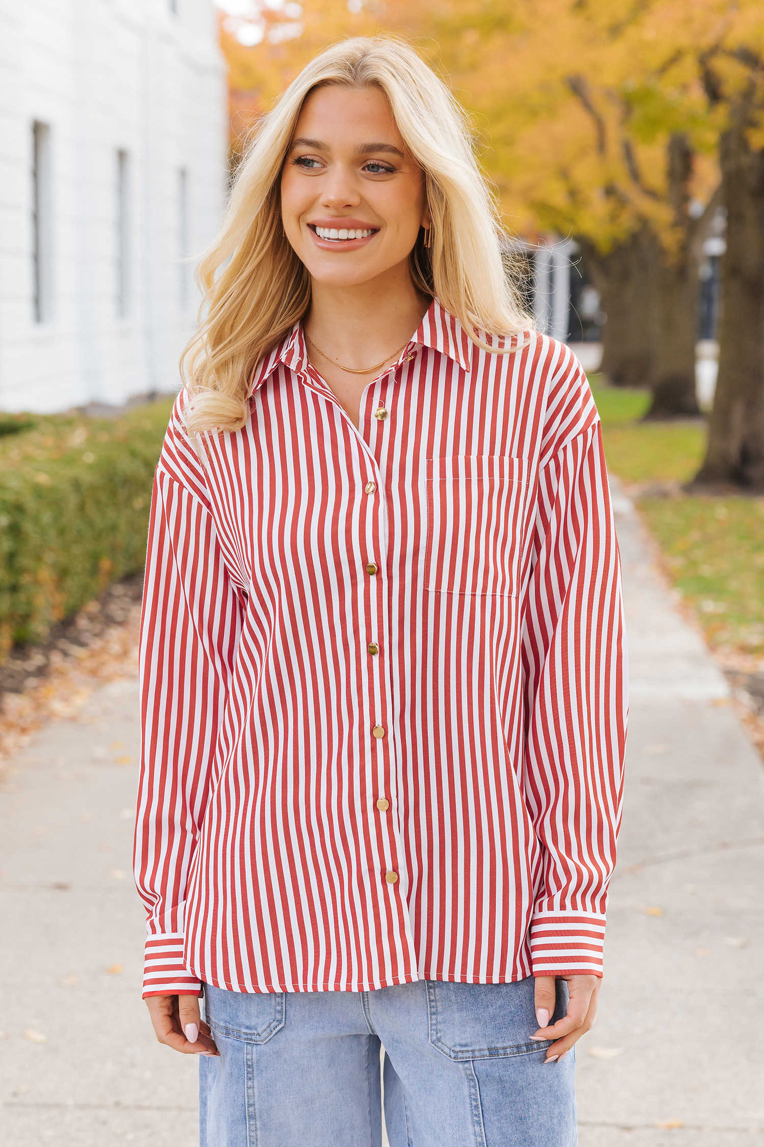 Red Stripe Patched Pocket Side Slit Loose Shirt