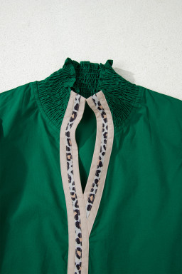 Evergreen Puffy Flounce Sleeve Leopard Trim V Neck Blouse