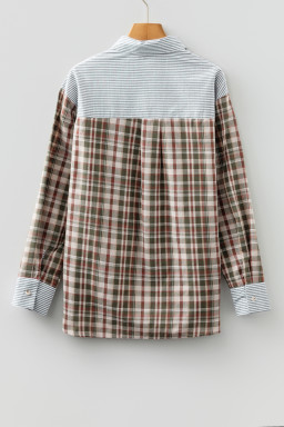Brown Plaid Print Striped Patchwork Single Chest Pocket Buttoned Shirt