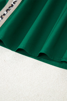 Evergreen Puffy Flounce Sleeve Leopard Trim V Neck Blouse