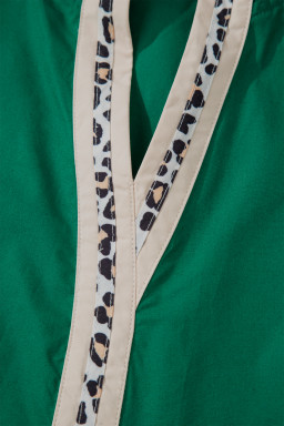 Evergreen Puffy Flounce Sleeve Leopard Trim V Neck Blouse