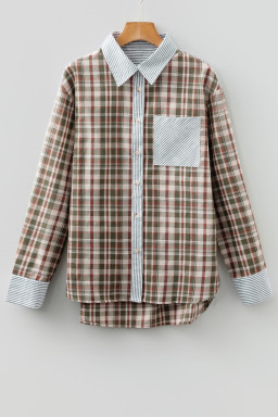 Brown Plaid Print Striped Patchwork Single Chest Pocket Buttoned Shirt