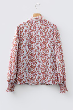 Floral Print Frilled Striped Trim Button Down Smocked Cuffs Long Sleeve Shirt