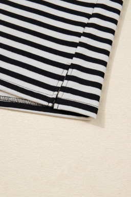 Black Striped Print Drop Shoulder Lace Trim Bracelet Sleeve Loose Top