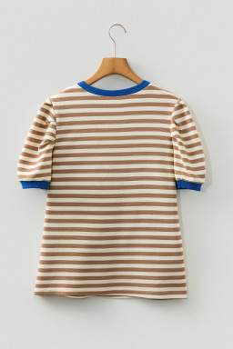 Brown Stripe Short Puff Sleeve Contrast Trim Round Neck Tee