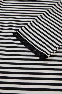 Black Striped Print Drop Shoulder Lace Trim Bracelet Sleeve Loose Top