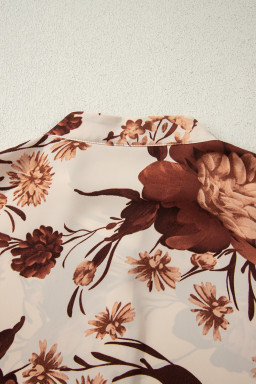 Brown Floral Print Button Down Poet Sleeve Shirt