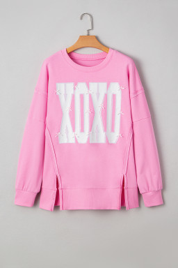 Pink Bow Sequin XOXO Letter Graphic Exposed Seam Baggy Sweatshirt