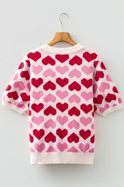 Sachet Pink 2-tone Heart Print Valentine Crew Neck Short Sleeve Sweater