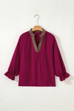 Violet Leopard Trim V Neck Flounced Bracelet Sleeve Blouse