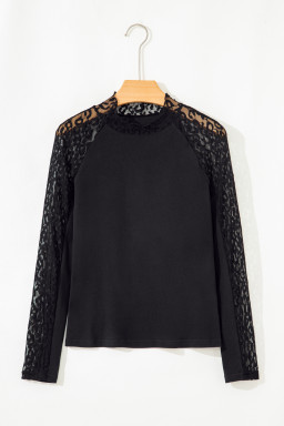 Black Leopard Mesh Patchwork Knit Long Sleeve Top