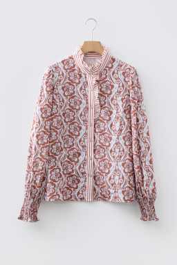 Floral Print Frilled Striped Trim Button Down Smocked Cuffs Long Sleeve Shirt