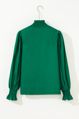 Evergreen Puffy Flounce Sleeve Leopard Trim V Neck Blouse