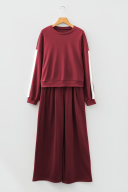 Burgundy Varsity Striped 3/4 Sleeve Pullover Drawstring Sweatpants Set