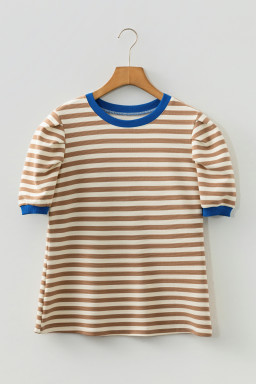 Brown Stripe Short Puff Sleeve Contrast Trim Round Neck Tee