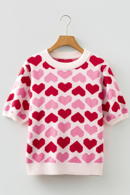 Sachet Pink 2-tone Heart Print Valentine Crew Neck Short Sleeve Sweater