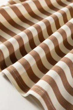 Brown Stripe Short Puff Sleeve Contrast Trim Round Neck Tee