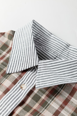 Brown Plaid Print Striped Patchwork Single Chest Pocket Buttoned Shirt