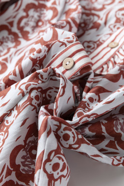 Floral Print Frilled Striped Trim Button Down Smocked Cuffs Long Sleeve Shirt