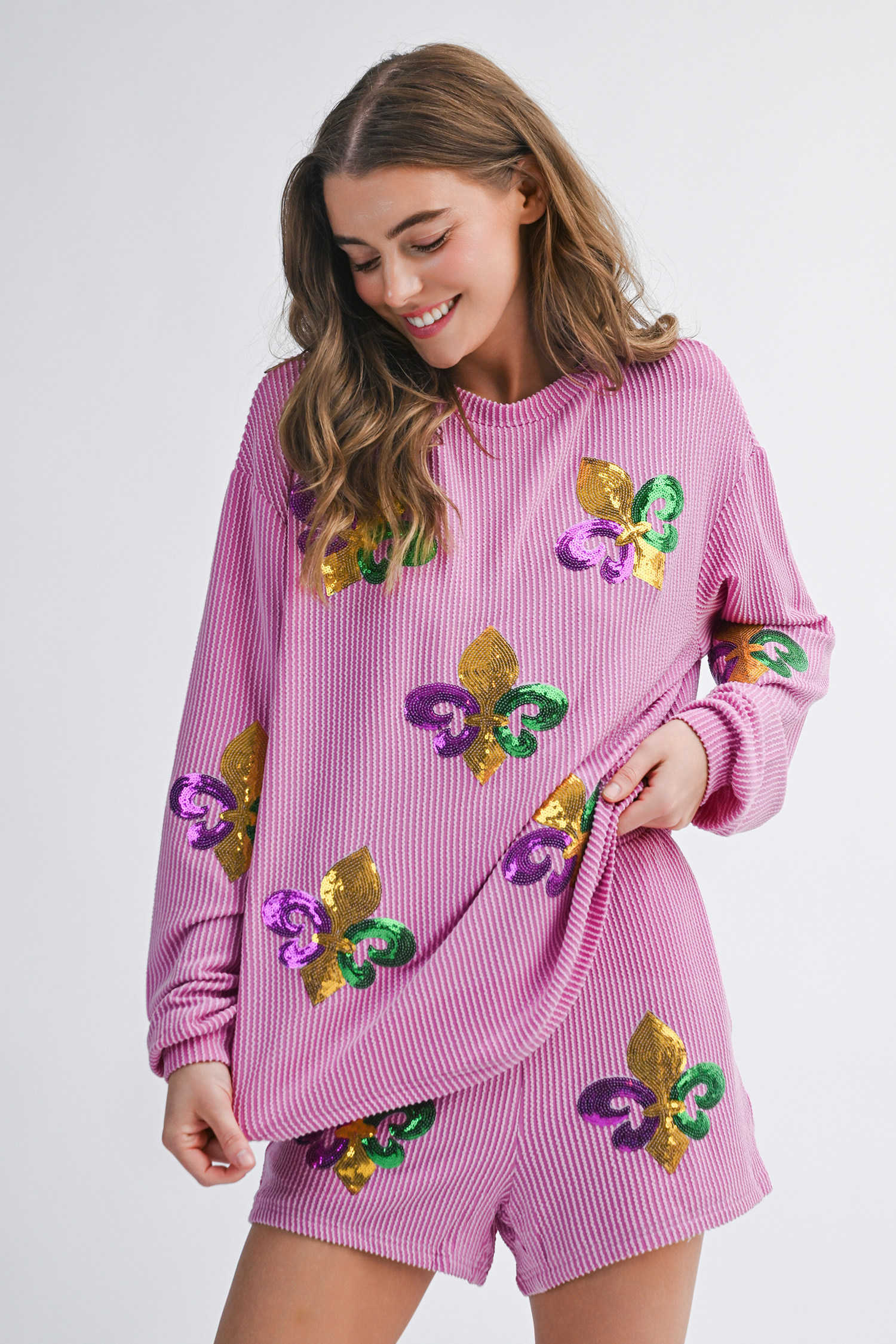 Phalaenopsis Mardi Gras Fleur de Lis Patched Corded Long Sleeve Top and Shorts