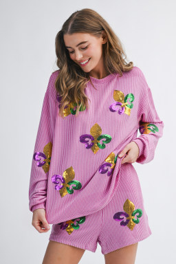 Phalaenopsis Mardi Gras Fleur de Lis Patched Corded Long Sleeve Top and Shorts