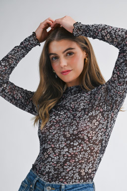 Black Ditsy Floral Mesh Thumbhole Sleeve Slim Fit Top