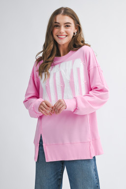 Pink Bow Sequin XOXO Letter Graphic Exposed Seam Baggy Sweatshirt