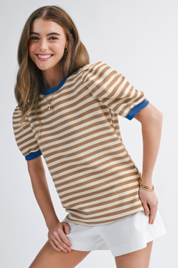Brown Stripe Short Puff Sleeve Contrast Trim Round Neck Tee