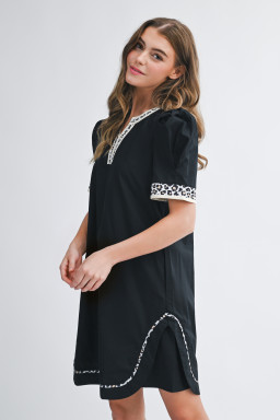 Black Leopard Trim Notched Neck Short Puff Sleeve Shift Mini Dress
